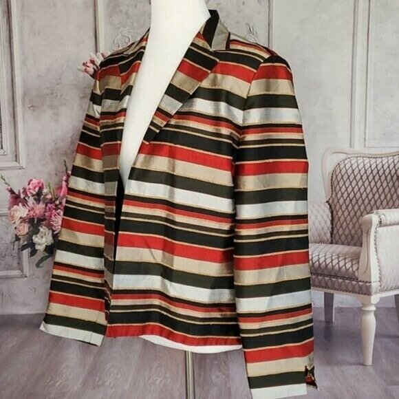 ann May Vintage Striped Lined Open Front Blazer Jacket Medium 100% Woven Silk - Picture 4 of 11
